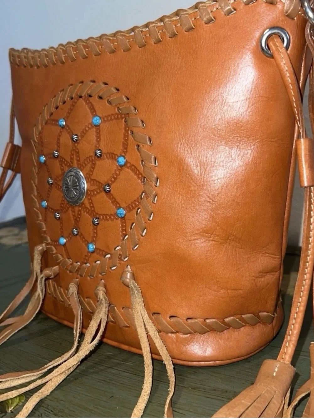 Handcrafted Brown Leather Dreamcatcher Fridge Shoulder Bag with Turquoise Accent